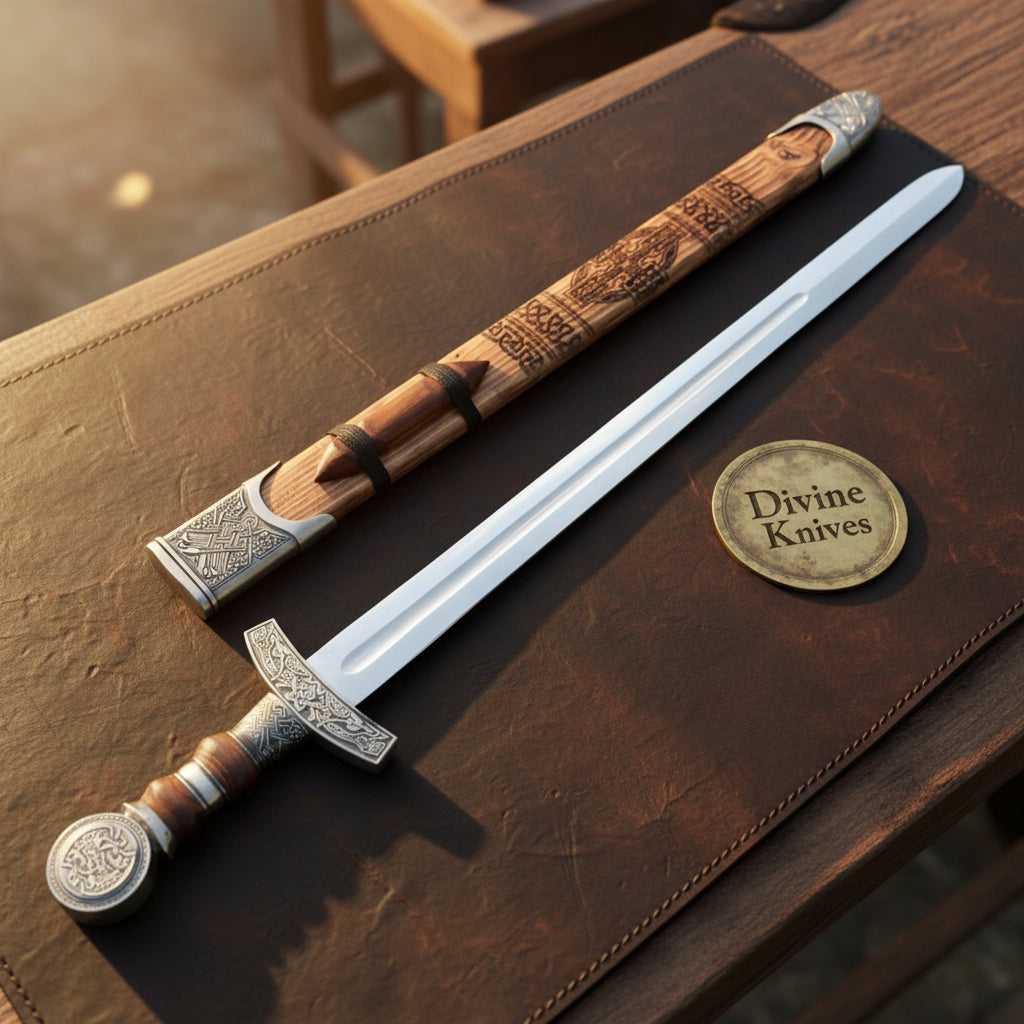 Medieval Norse Viking Sword with Carved Wood Scabbard by Divine Knives