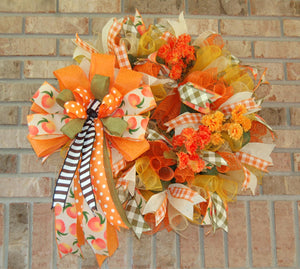 Peach & Orange Fall Wreath | Polka Dot Bow Door Decor by Bouge Creations, view 6