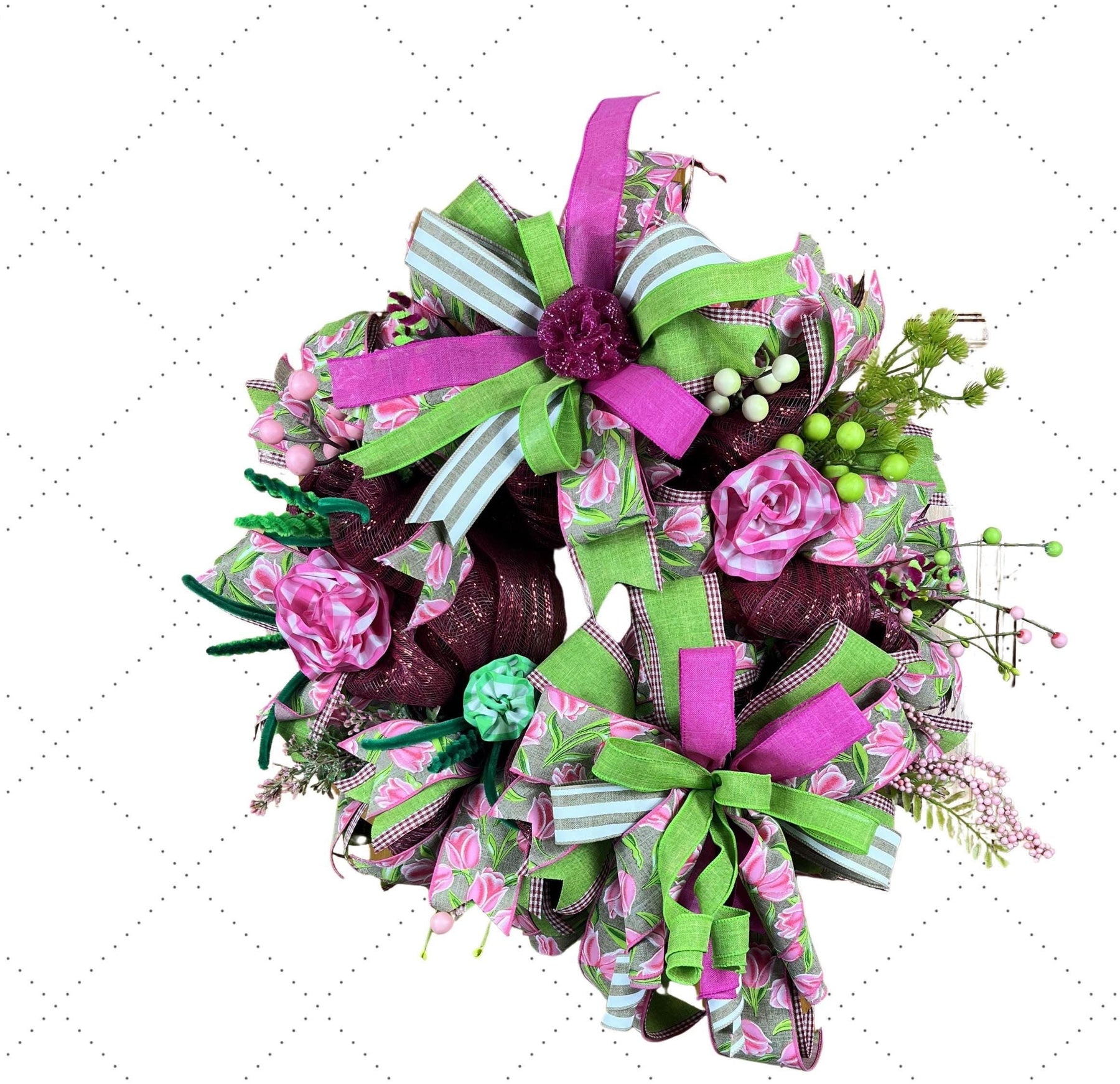 Pink & Green Spring Wreath | Easter Floral Door Decor handmade by Bouge Creations