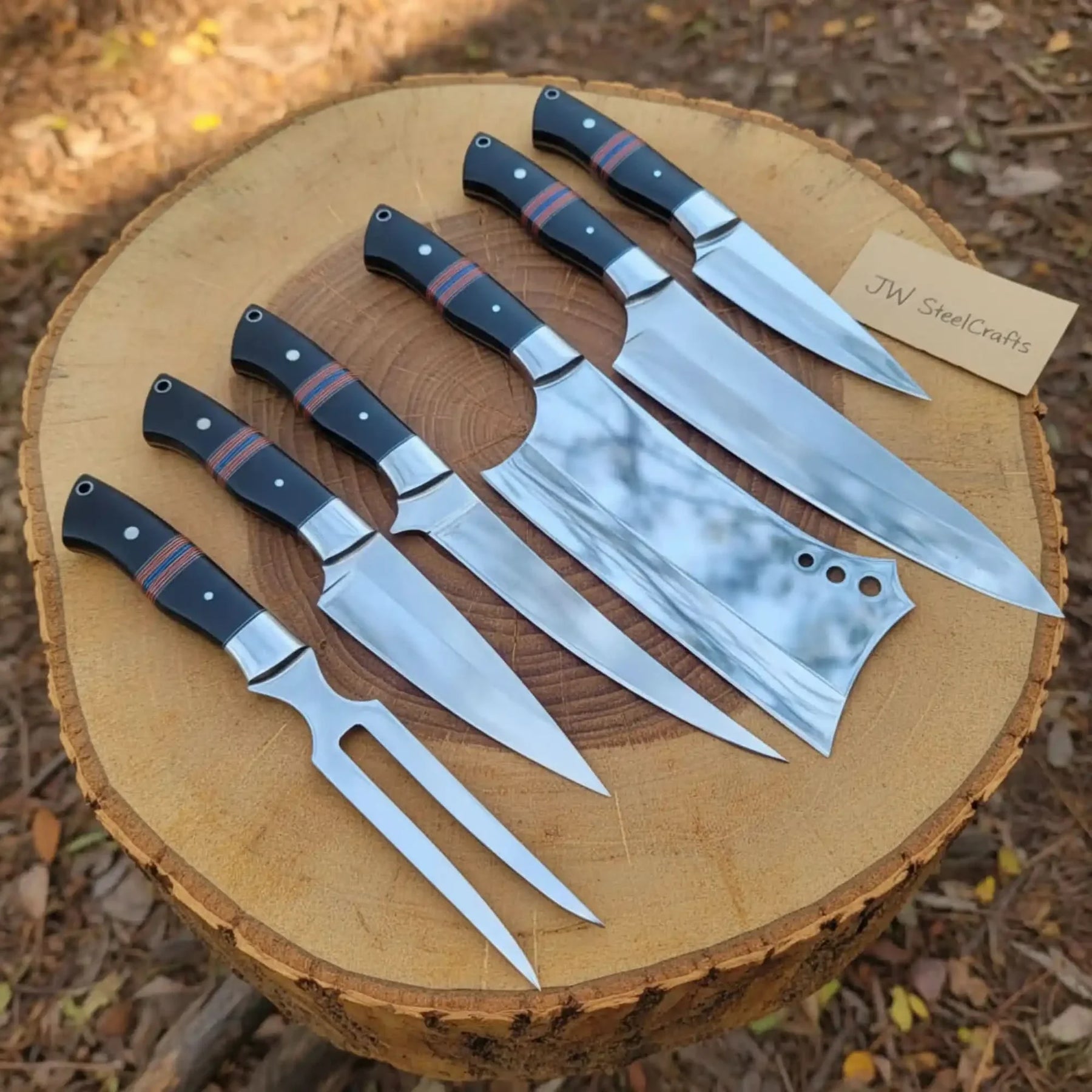 6-Piece J2 Steel Kitchen Knife Set — Chef, Cleaver, Santoku, Utility, Paring & Carving Fork with Black Resin Rosewood Handles by JW SteelCrafts, Damascus knife detail photo 3