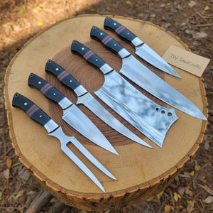 6-Piece J2 Steel Kitchen Knife Set — Chef, Cleaver, Santoku, Utility, Paring & Carving Fork with Black Resin Rosewood Handles by JW SteelCrafts, Damascus knife detail photo 3