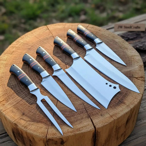 6-Piece J2 Steel Kitchen Knife Set — Chef, Cleaver, Santoku, Utility, Paring & Carving Fork with Black Resin Rosewood Handles by JW SteelCrafts, Damascus knife main product photo