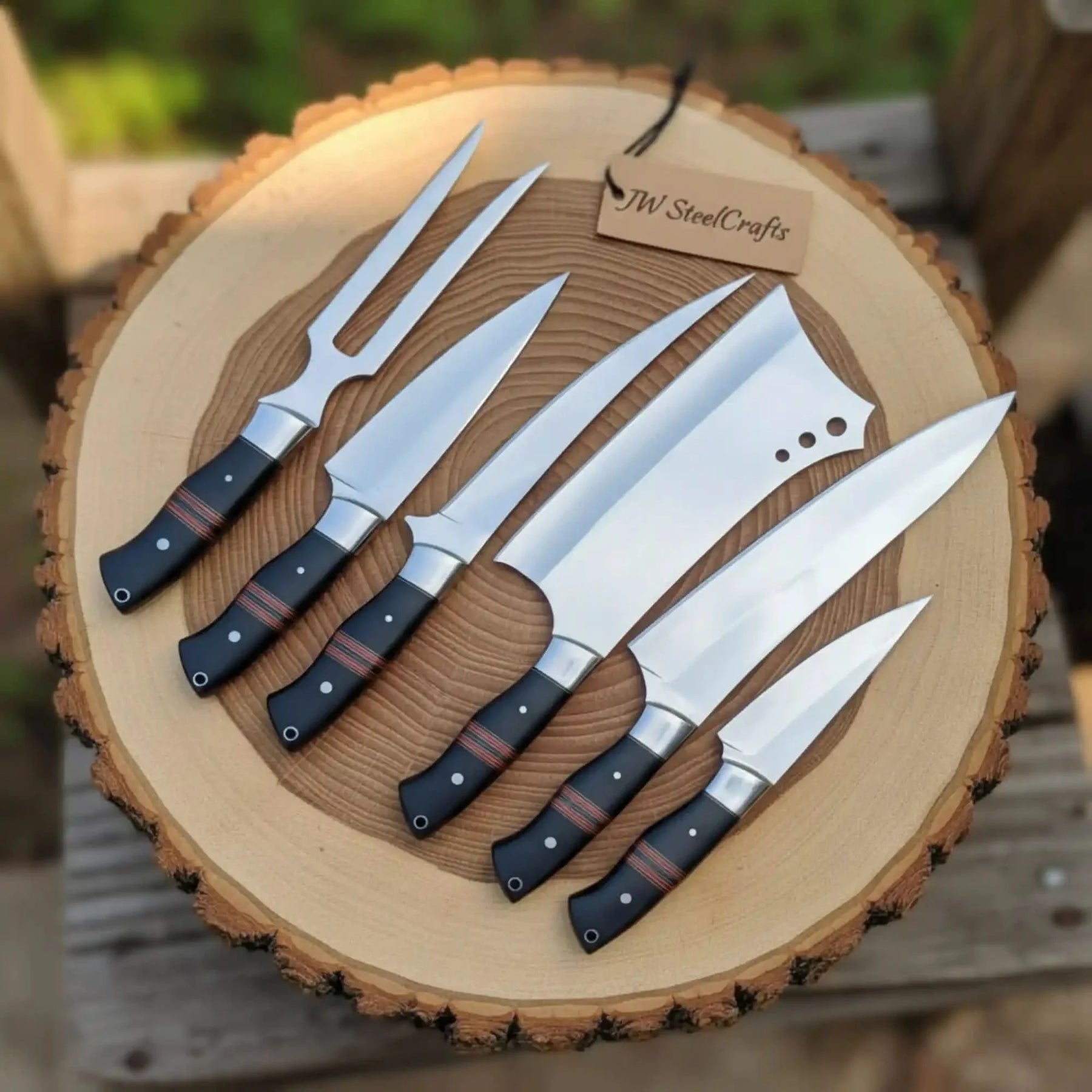 6-Piece J2 Steel Kitchen Knife Set — Chef, Cleaver, Santoku, Utility, Paring & Carving Fork with Black Resin Rosewood Handles by JW SteelCrafts, Damascus knife detail photo 2