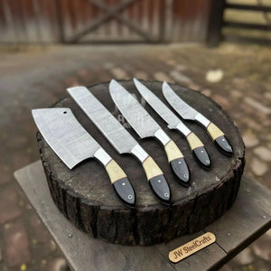 5-Piece Damascus Chef Knife Set – Camel Bone and Black Micarta Handles detail view by JW SteelCrafts