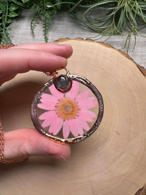 Camellisse- Rose Quartz and Flower Necklace detail view by Copper Ashes