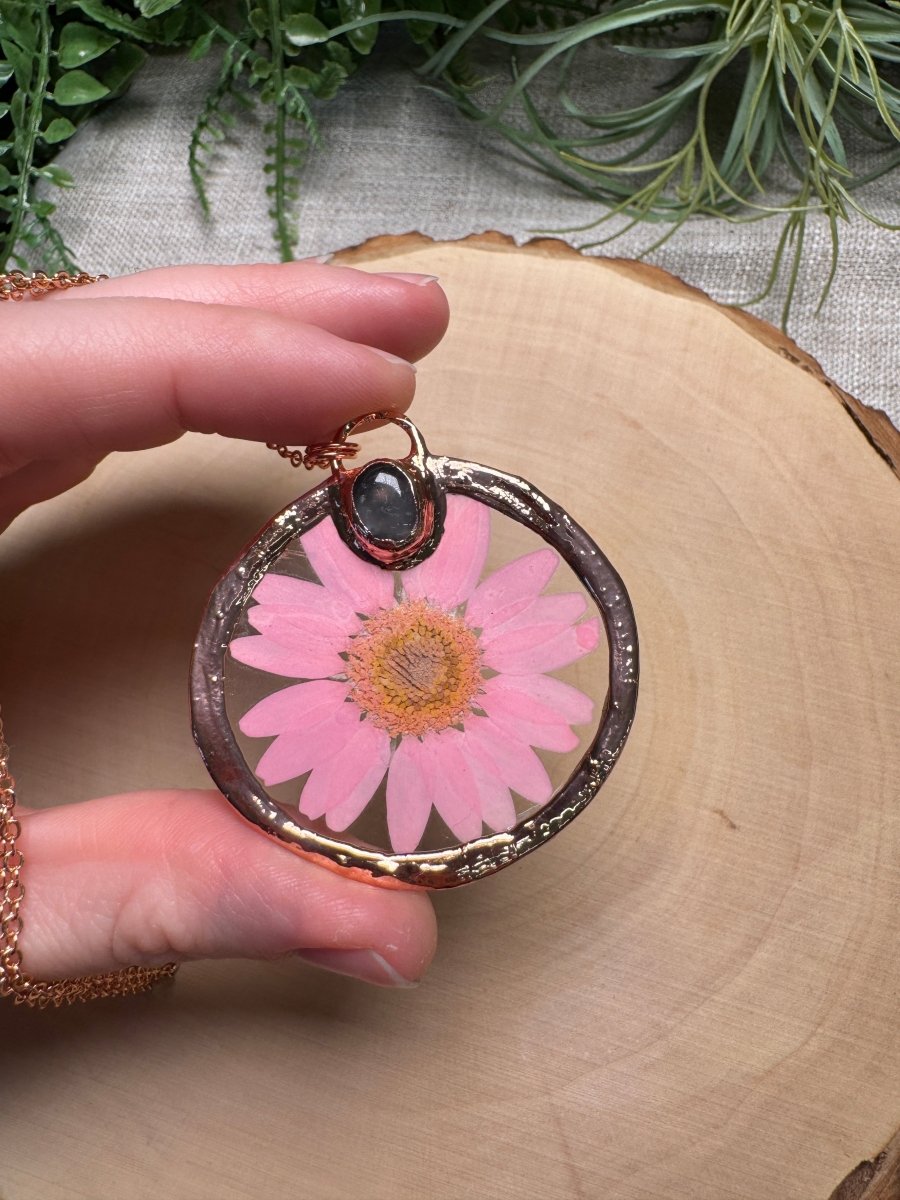 Camellisse- Rose Quartz and Flower Necklace detail view by Copper Ashes