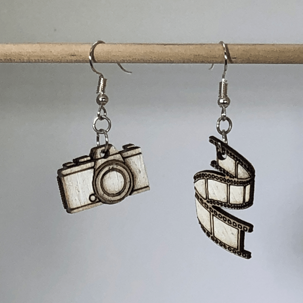 Camera Wooden Dangle Earrings | Photography Jewelry detail view by Cate's Concepts, LLC