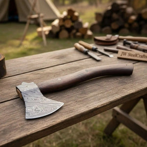 Handmade Damascus Camp Axe with Mosaic Pin and Rosewood Handle by JW SteelCrafts, Southern handmade gift main product photo
