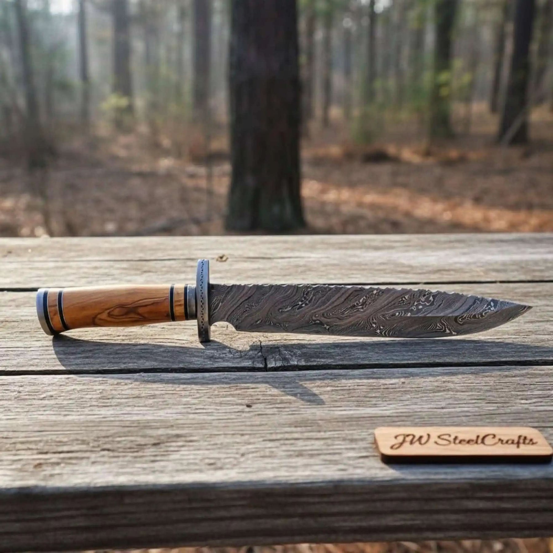 Frontier Damascus Clip Point Bowie Knife with Ash Wood Handle | JW SteelCrafts by JW SteelCrafts, Damascus knife main product photo
