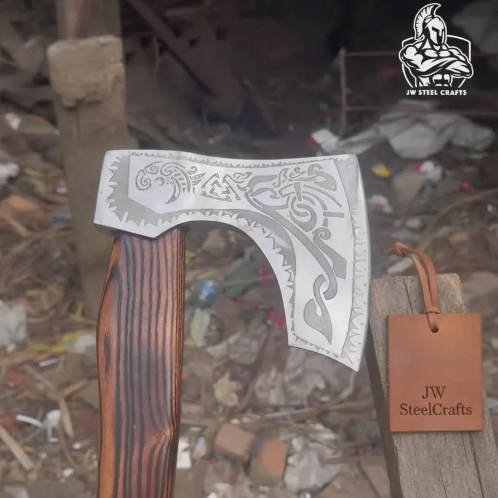 Hand Forged Carbon Steel Viking Axe with Carved Ash Wood Handle and Leather Grip by JW SteelCrafts, Southern lifestyle apparel detail photo 3