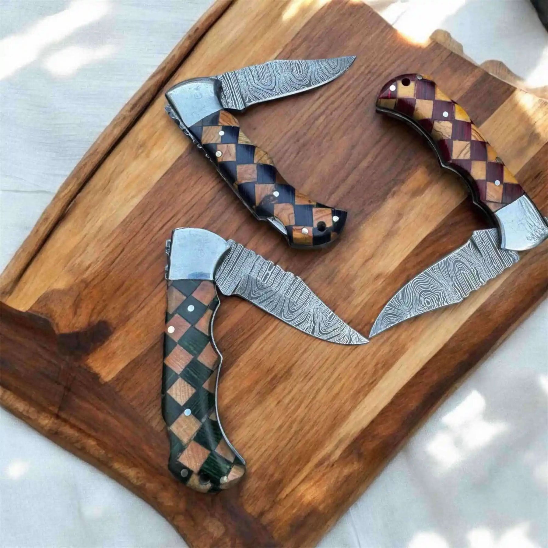 Handmade Damascus Folding Knife with Checker Pattern Wood Handle (Red, Green, Blue) with Leather Sheath by JW SteelCrafts, leather knife sheath detail photo 2