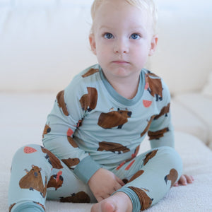 Additional view of Capybara bamboo two piece pajamas for kids with hand drawn animal print