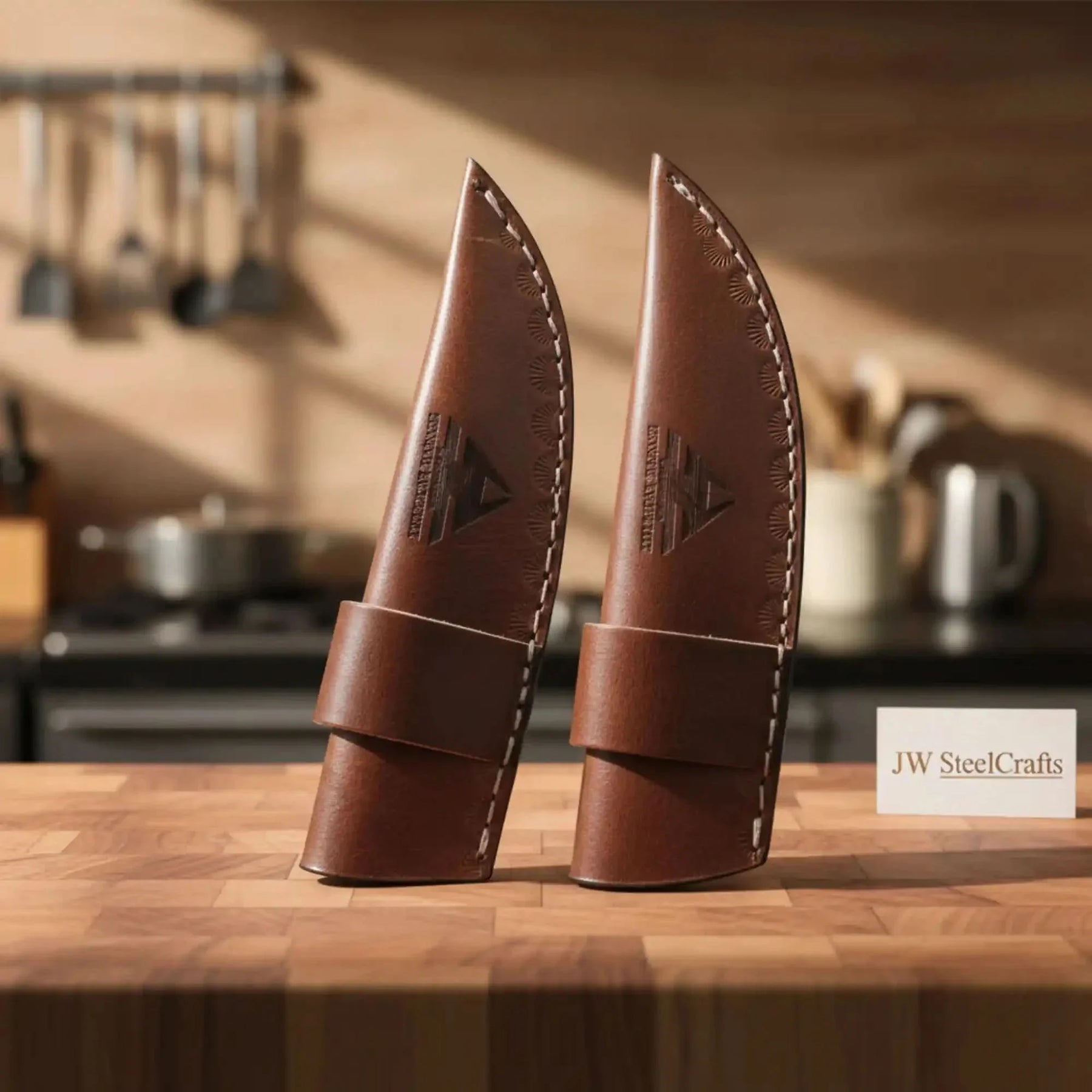 Carbon Steel Hunting Knife Set Drop Point Skinner Knives USA Flag Handles Leather Sheaths detail view by JW SteelCrafts