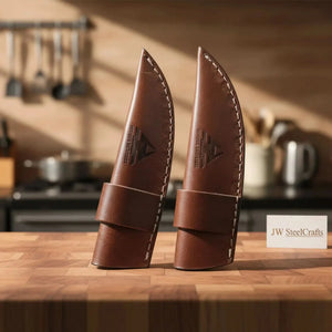 Carbon Steel Hunting Knife Set Drop Point Skinner Knives USA Flag Handles Leather Sheaths detail view by JW SteelCrafts
