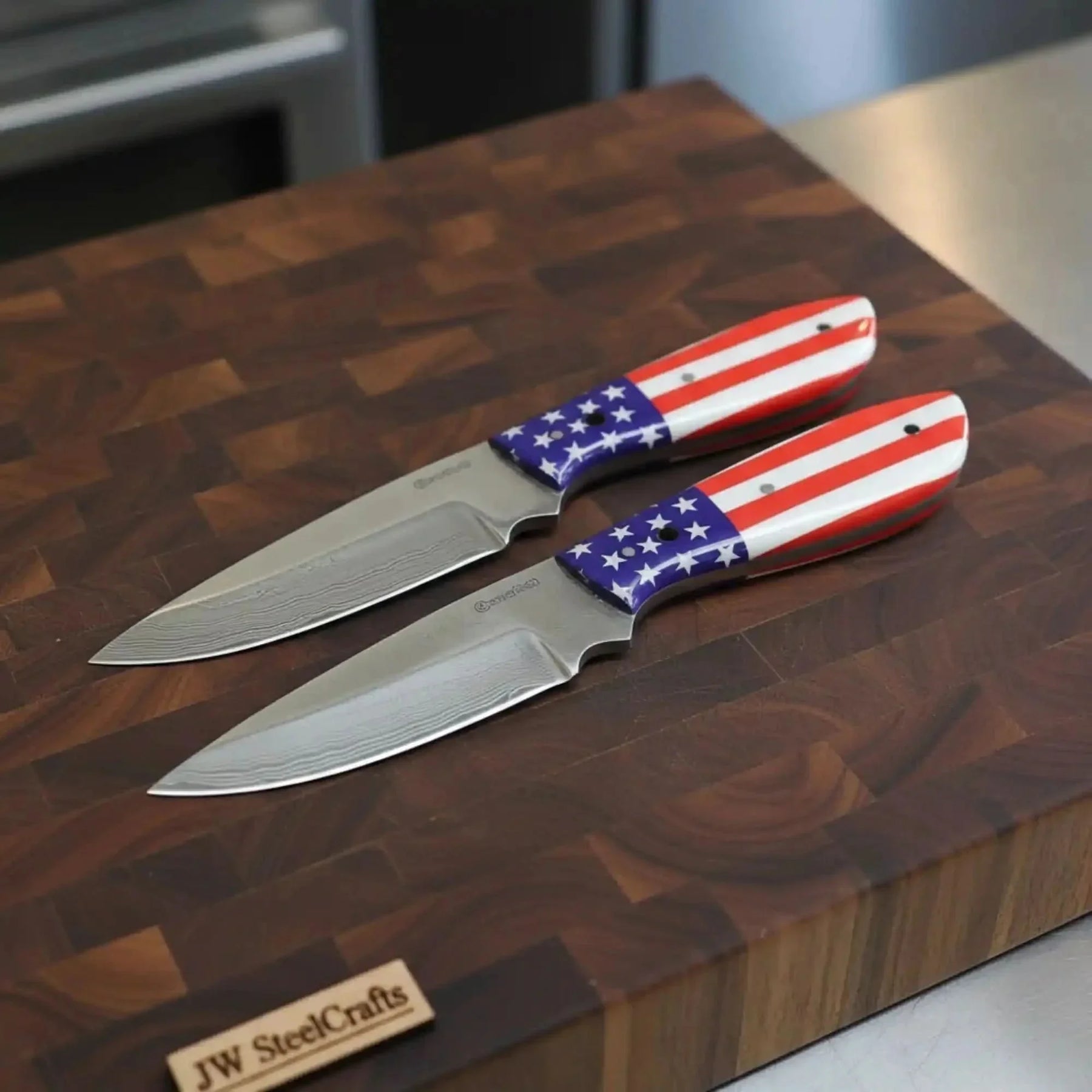 Carbon Steel Hunting Knife Set Drop Point Skinner Knives USA Flag Handles Leather Sheaths by JW SteelCrafts