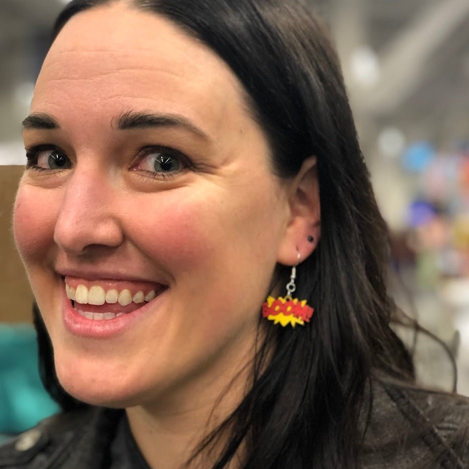 Comic BOOM Sound Effect Wooden Dangle Earrings | Pop Art Jewelry detail view by Cate's Concepts, LLC