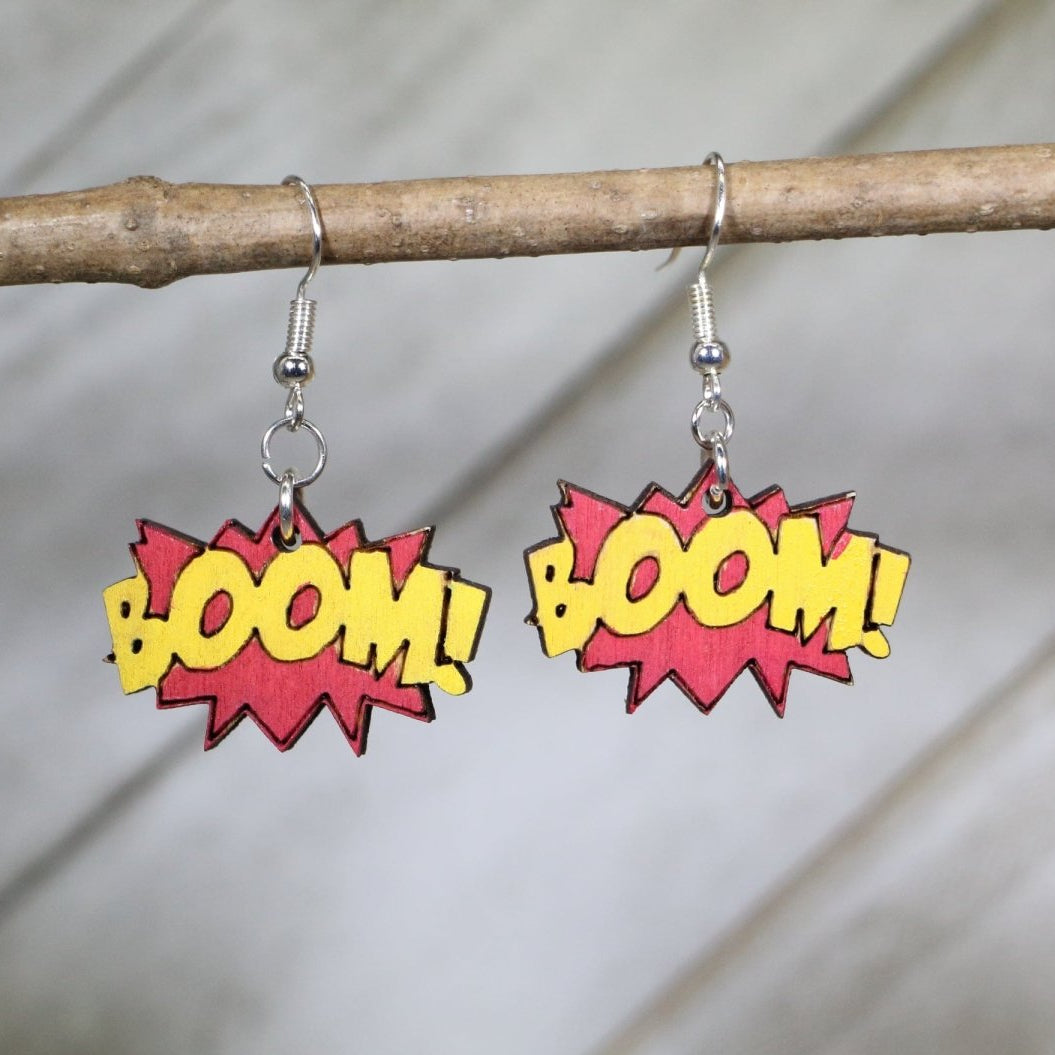 Comic BOOM Sound Effect Wooden Dangle Earrings | Pop Art Jewelry by Cate's Concepts, LLC