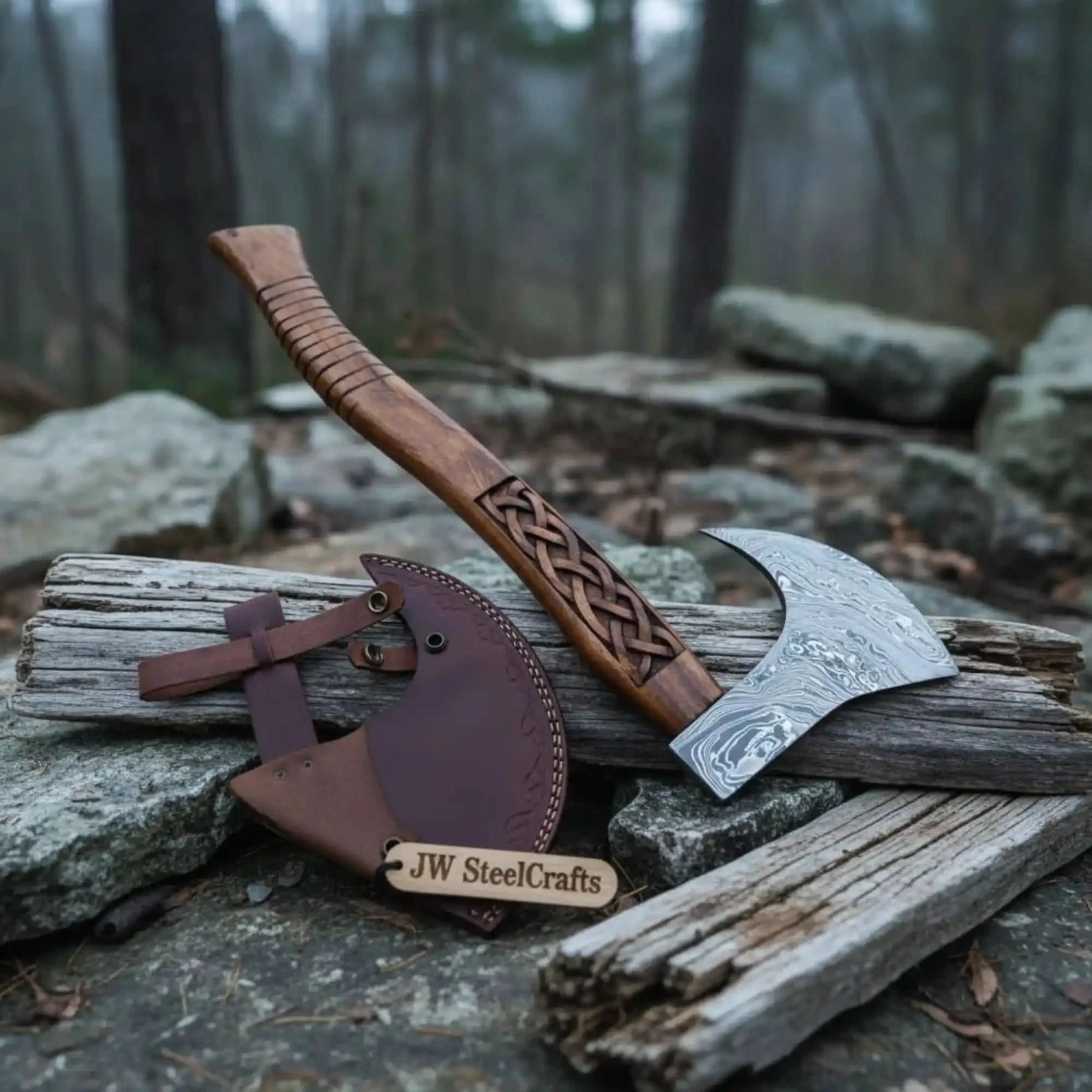 Handmade Damascus Steel Tomahawk Axe by JW SteelCrafts, Southern lifestyle apparel detail photo 2