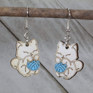 Cat and Yarn Wooden Earrings | Cute Cat Lover Pet Jewelry by Cate's Concepts, LLC, handmade jewelry main product photo