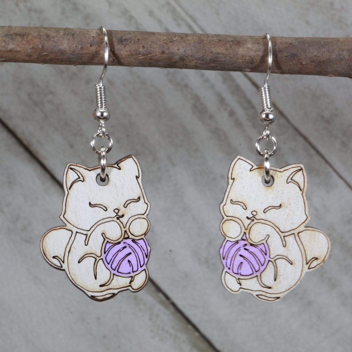 Cat and Yarn Wooden Earrings | Cute Cat Lover Pet Jewelry by Cate's Concepts, LLC, handmade jewelry detail photo 2