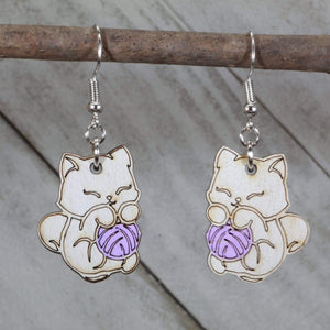 Cat and Yarn Wooden Earrings | Cute Cat Lover Pet Jewelry by Cate's Concepts, LLC, handmade jewelry detail photo 2