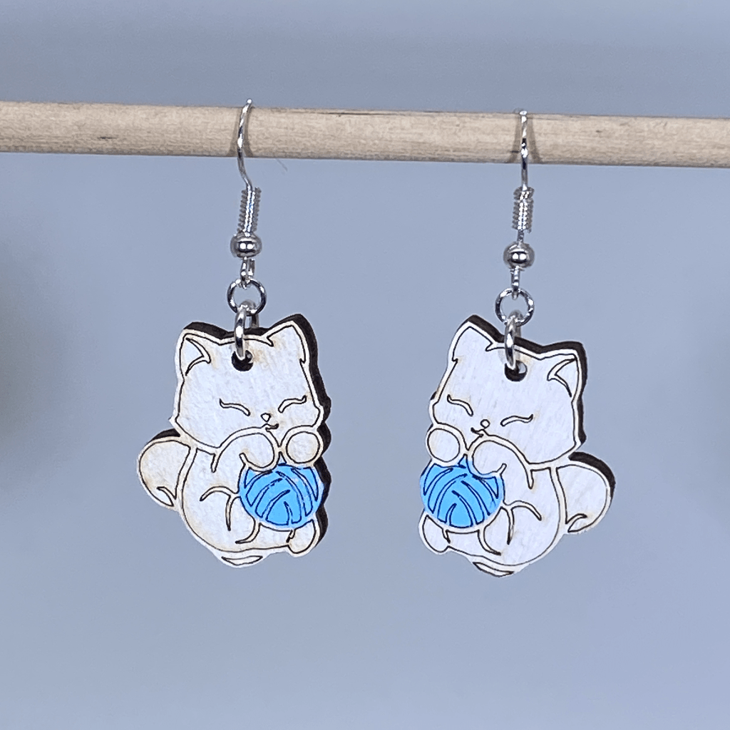Cat and Yarn Wooden Earrings | Cute Cat Lover Pet Jewelry by Cate's Concepts, LLC, handmade jewelry detail photo 4