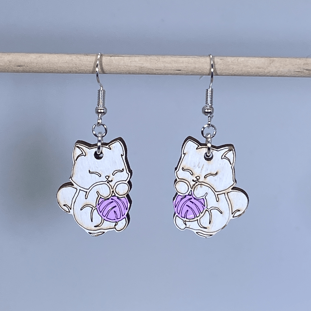 Cat and Yarn Wooden Earrings | Cute Cat Lover Pet Jewelry by Cate's Concepts, LLC, handmade jewelry detail photo 3