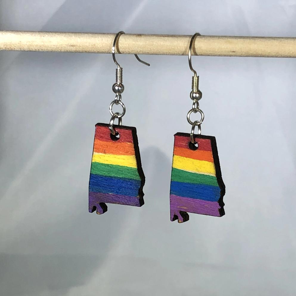 Alabama Pride Wooden Dangle Earrings | LGBTQ State Jewelry detail view by Cate's Concepts, LLC