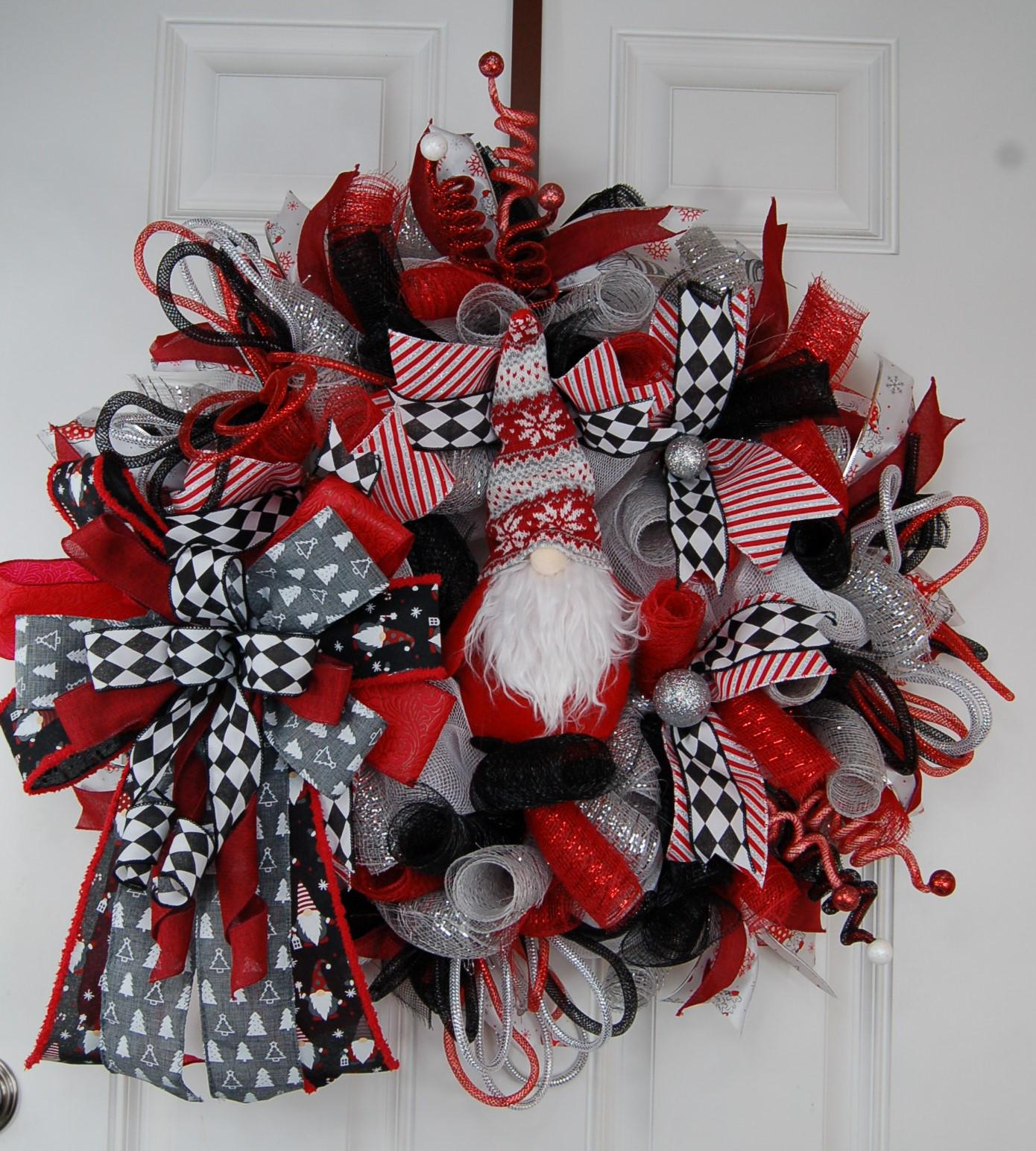 Christmas Gnome Wreath | Red & Green Plaid Door Decor by Bouge Creations, view 3