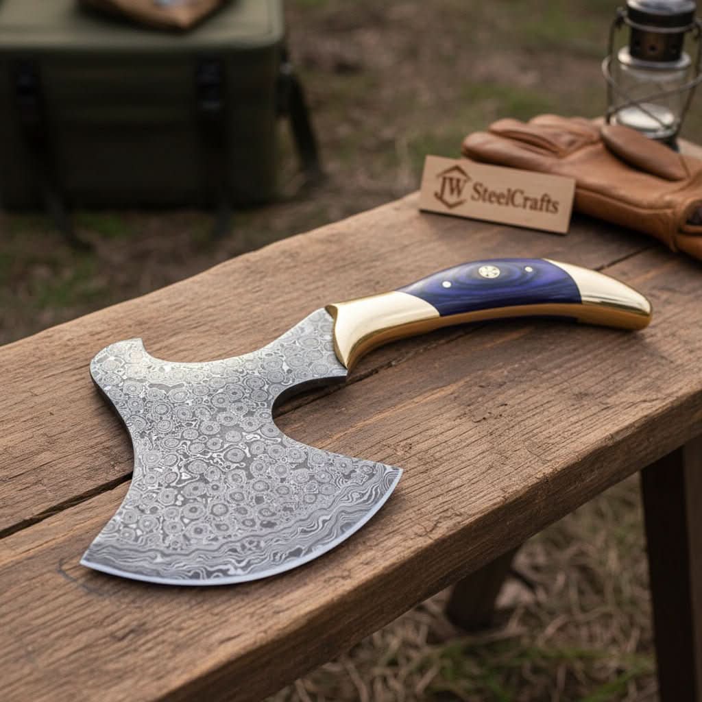 Damascus Steel Bushcraft Axe with Hardwood Handle & Leather Sheath by JW SteelCrafts, leather knife sheath detail photo 2