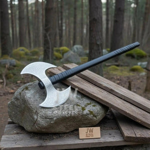 Custom Handmade Double-Headed Viking Axe with Nordic Knotwork Engravings and Cord-Wrapped Handle detail view by JW