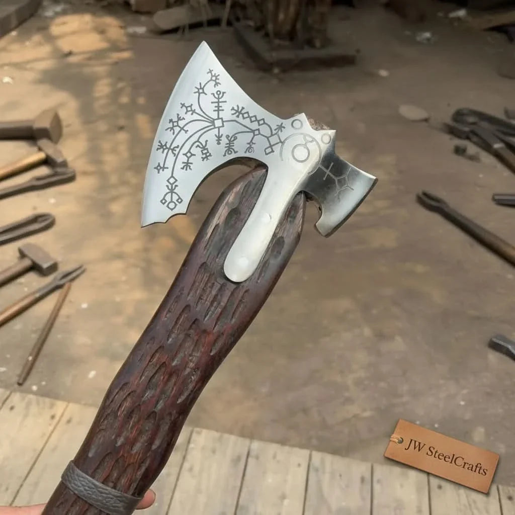 Handmade Viking Double-Bit Carbon Steel Axe with Norse Rune Etching and Engraved Hardwood Handle by JW SteelCrafts, Southern lifestyle apparel detail photo 3