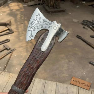 Handmade Viking Double-Bit Carbon Steel Axe with Norse Rune Etching and Engraved Hardwood Handle by JW SteelCrafts, Southern lifestyle apparel detail photo 3