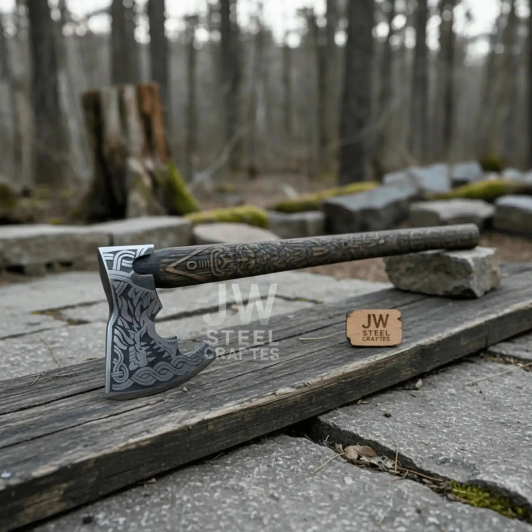 Handcrafted Viking Shield and Engraved Axe Set with Raven Motif and Norse Knotwork by JW SteelCrafts, handmade axe detail photo 8