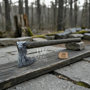 Handcrafted Viking Shield and Engraved Axe Set with Raven Motif and Norse Knotwork by JW SteelCrafts, handmade axe detail photo 8