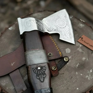 Viking Bearded Axe with Norse Engraved Blade and Leather Sheath by JW SteelCrafts, leather knife sheath detail photo 8