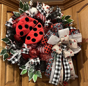 Ladybug Spring Wreath | Red & Black Mesh Door Decor by Bouge Creations, view 4