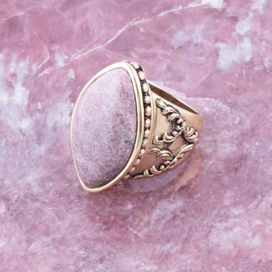 Champion Pink Rhodonite Golden Cocktail Ring detail view by Barse Jewelry