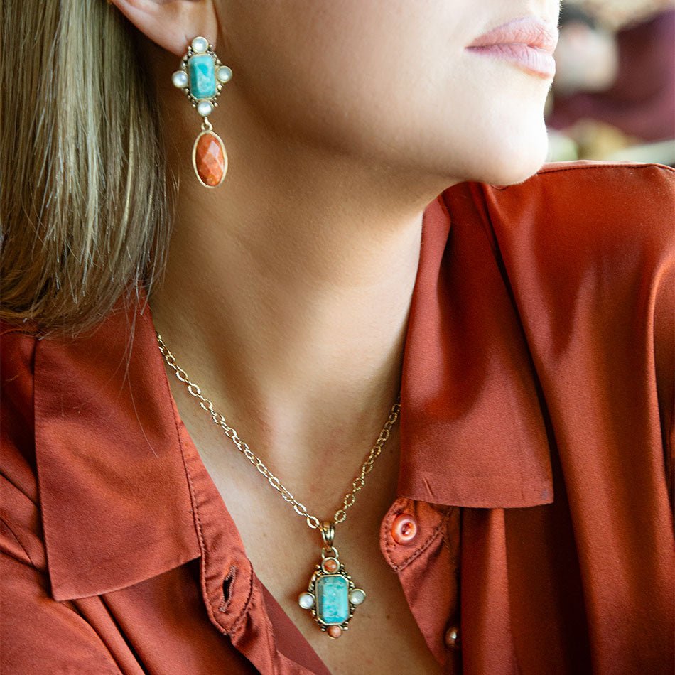 Champs Blue Turquoise and Orange Coral Golden Pendant Necklace detail view by Barse Jewelry
