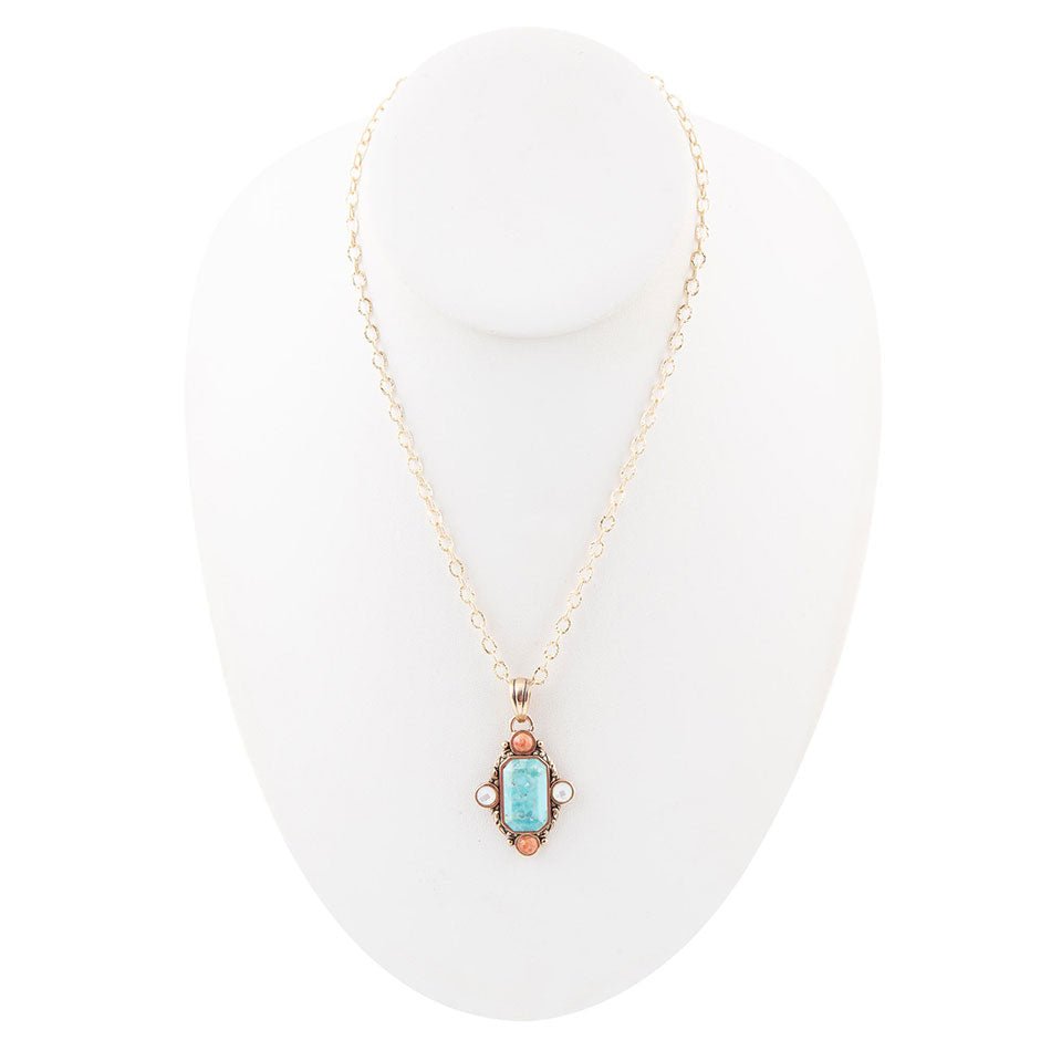 Champs Blue Turquoise and Orange Coral Golden Pendant Necklace detail view by Barse Jewelry