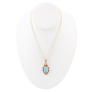 Champs Blue Turquoise and Orange Coral Golden Pendant Necklace detail view by Barse Jewelry