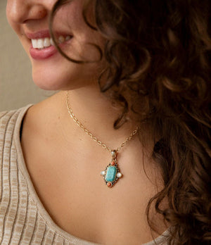 Champs Blue Turquoise and Orange Coral Golden Pendant Necklace detail view by Barse Jewelry