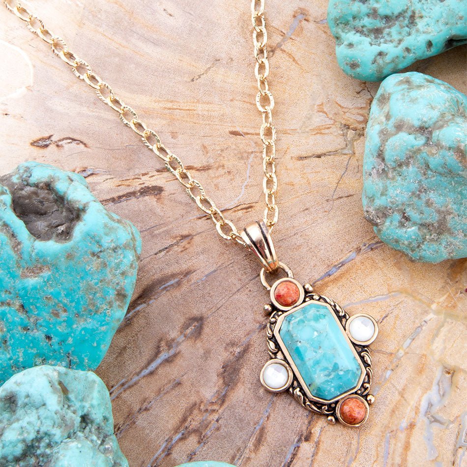 Champs Blue Turquoise and Orange Coral Golden Pendant Necklace detail view by Barse Jewelry