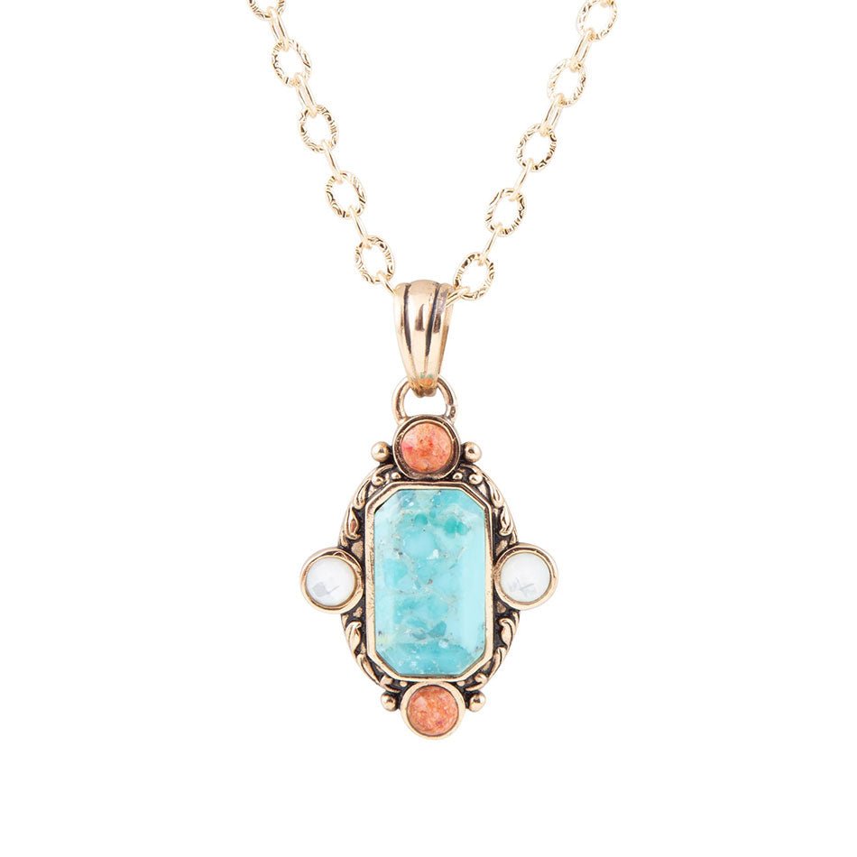 Champs Blue Turquoise and Orange Coral Golden Pendant Necklace by Barse Jewelry