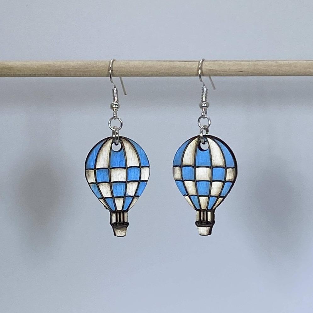 Checkered Hot Air Balloon Wooden Dangle Earrings | Travel Jewelry