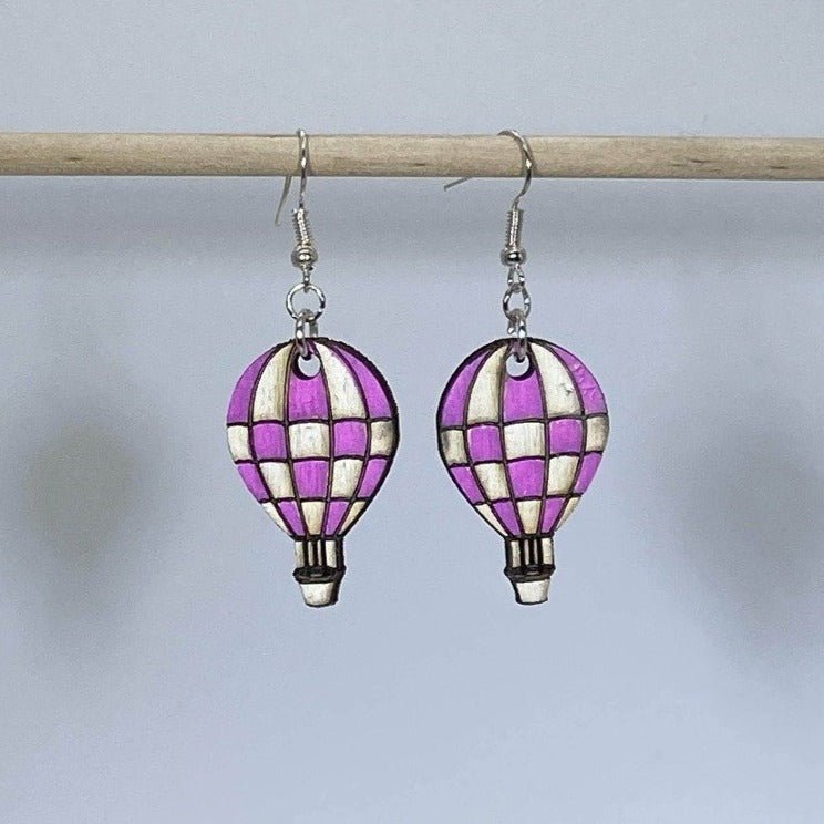 Checkered Hot Air Balloon Wooden Dangle Earrings | Travel Jewelry detail view by Cate's Concepts, LLC