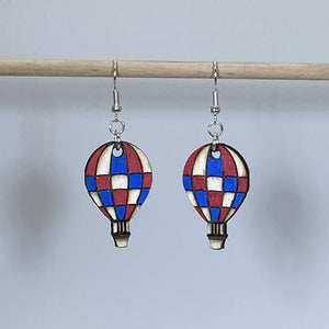 Checkered Hot Air Balloon Wooden Dangle Earrings | Travel Jewelry