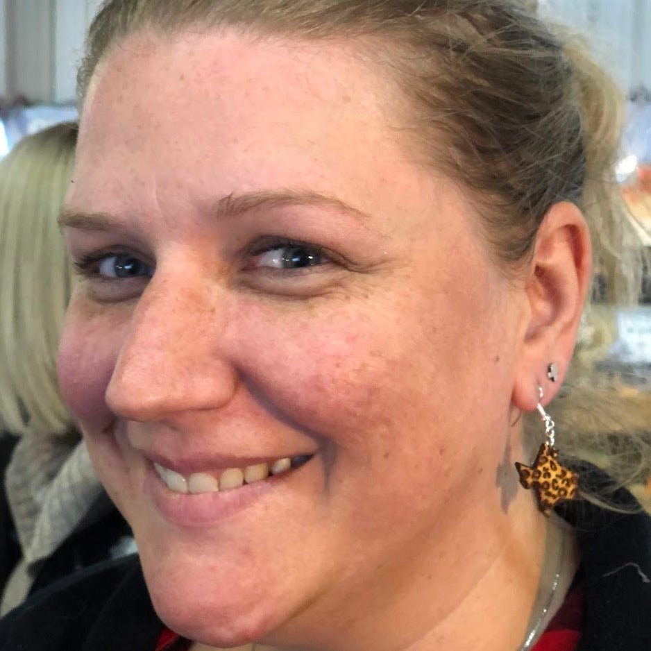 Cheetah Print Texas Wooden Dangle Earrings | State Jewelry detail view by Cate's Concepts, LLC