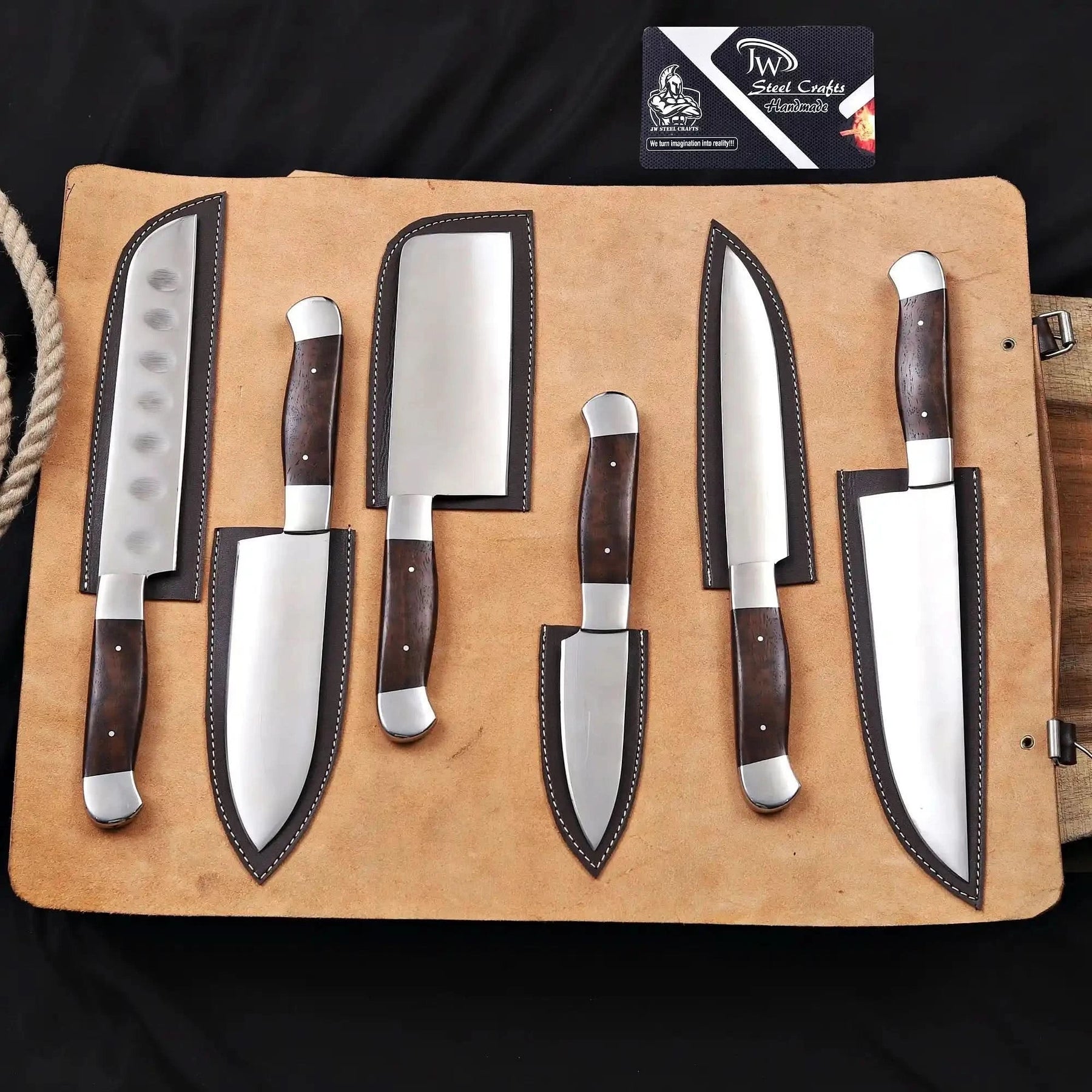 6-Piece High Carbon Steel Kitchen Knife Set with Leather Roll — Olive Wood Handles, Steel Bolsters, 7 to 12 Inc by JW SteelCrafts, Damascus knife detail photo 3