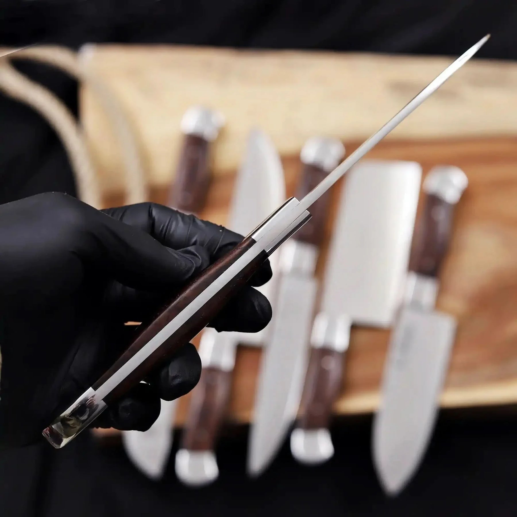 6-Piece High Carbon Steel Kitchen Knife Set with Leather Roll — Olive Wood Handles, Steel Bolsters, 7 to 12 Inc detail view